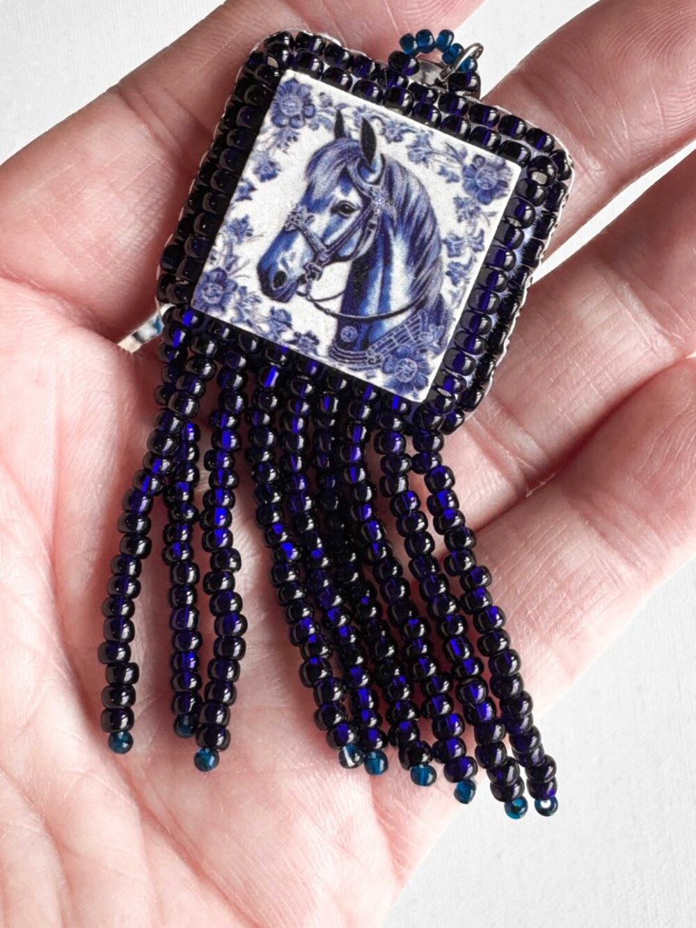 Handmade Blue Horse Ceramic Fringe Statement Earrings - Picture 8 of 10